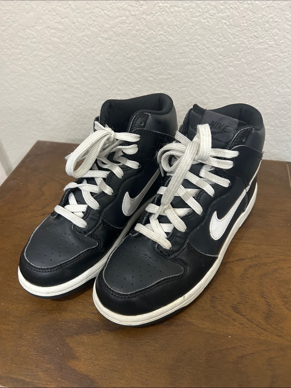 Nike Dunks Black and White High-Top Sneakers with White Swoosh Size 3Y